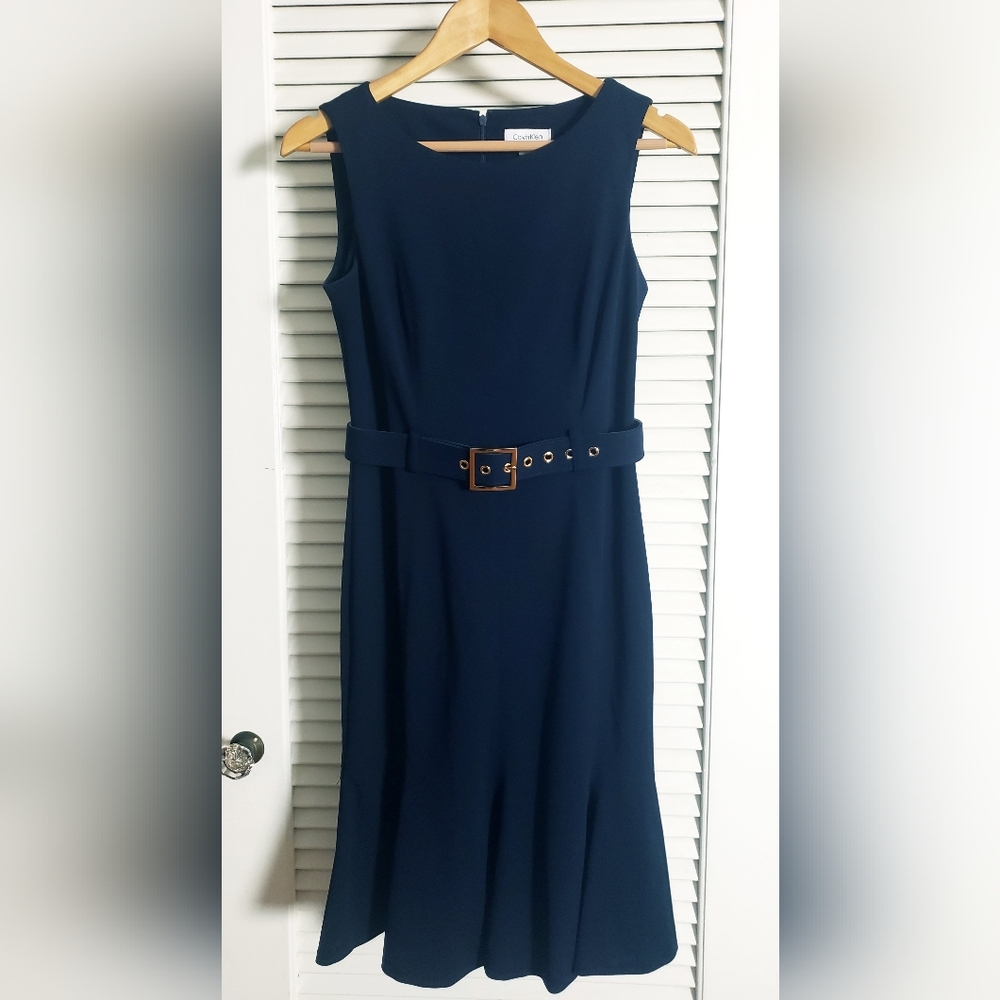 Calvin Klein Navy Belted Flares Midi Dress